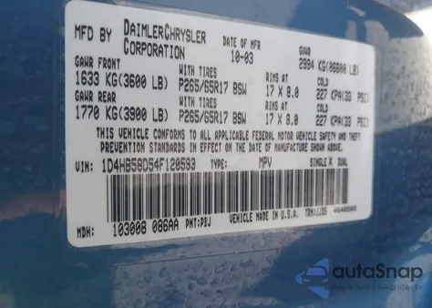 2004 Dodge Durango Limited z USA, uszkodzony, nr VIN 1D4HB58D54F120593